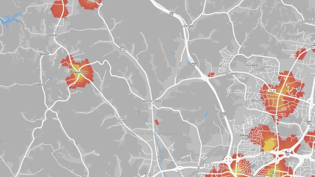 Walk Grade map of 37189, TN, walkable areas in green and car-dependent areas in red