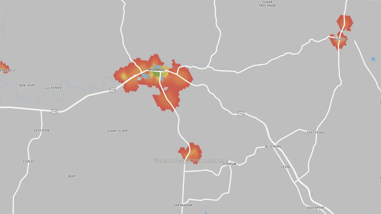 Walk Grade map of 37190, TN, walkable areas in green and car-dependent areas in red