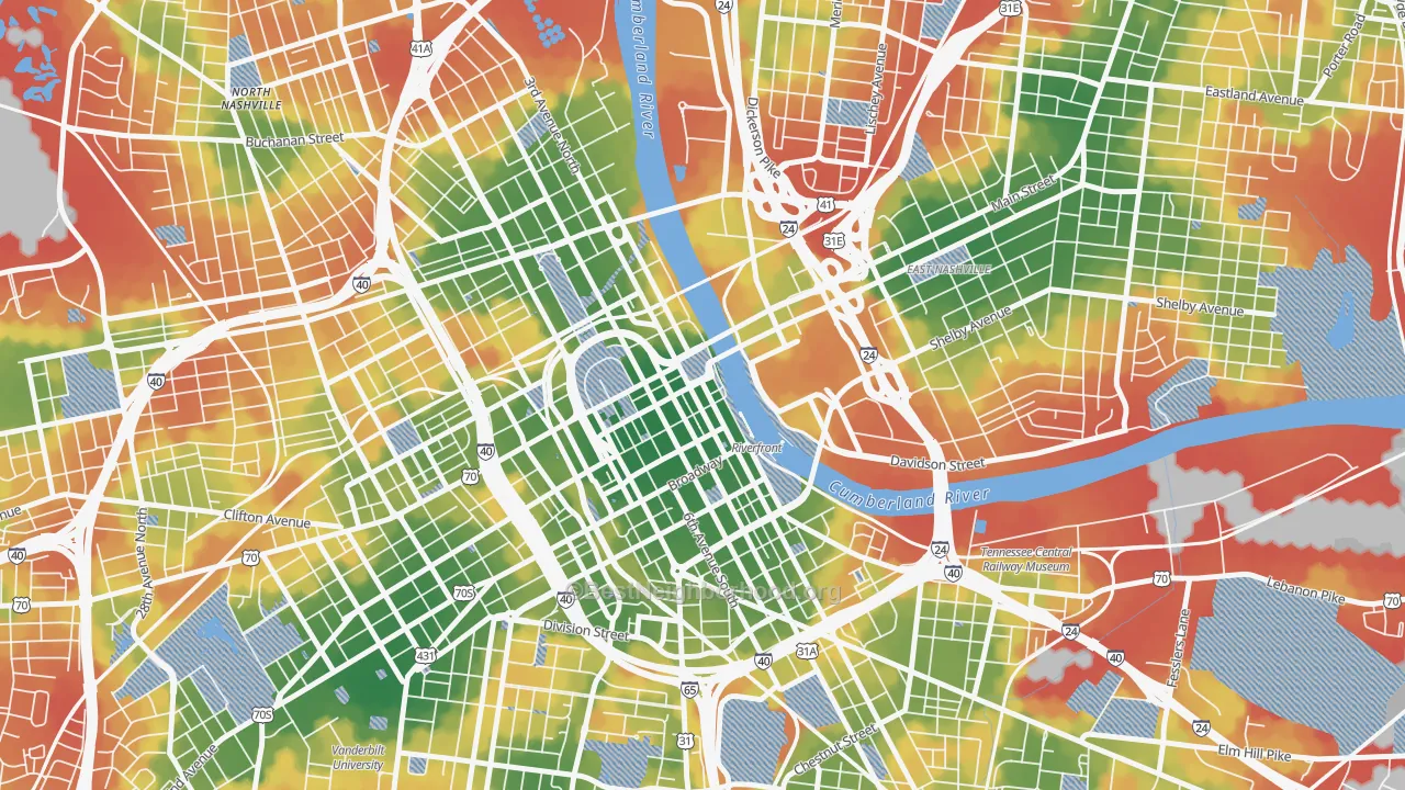 Walk Grade map of 37201, TN, walkable areas in green and car-dependent areas in red
