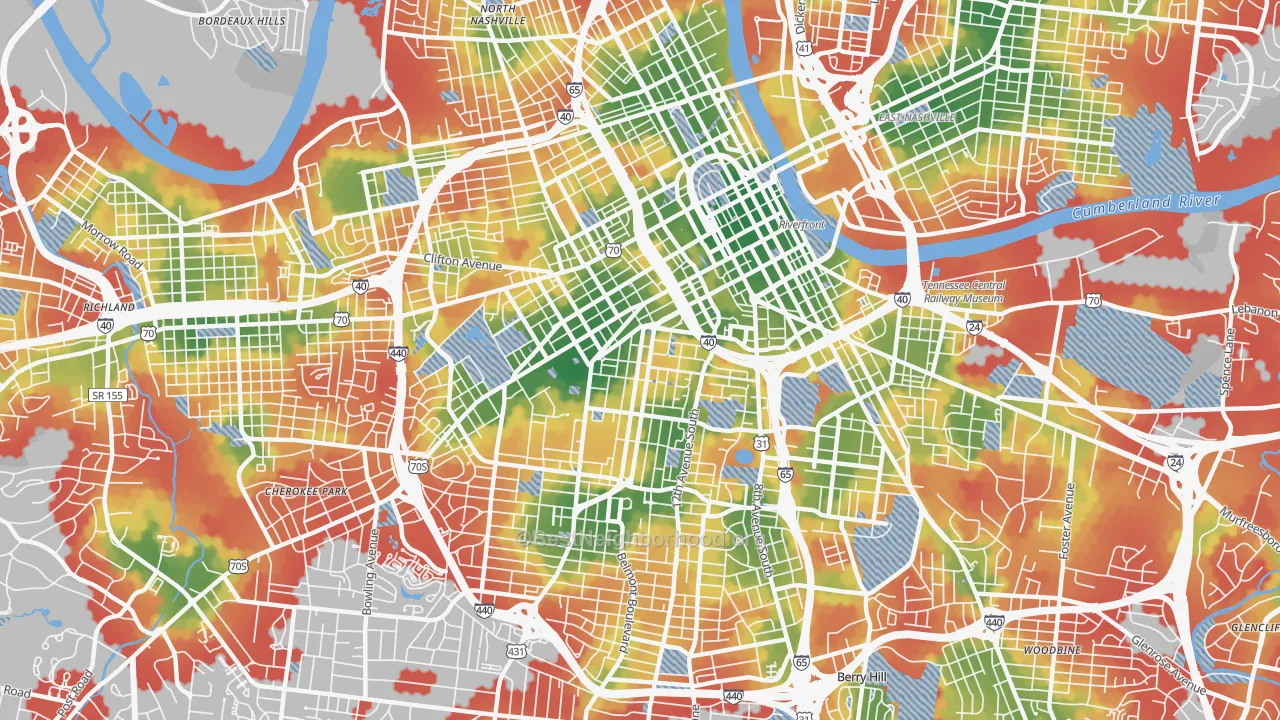 Walk Grade map of 37203, TN, walkable areas in green and car-dependent areas in red