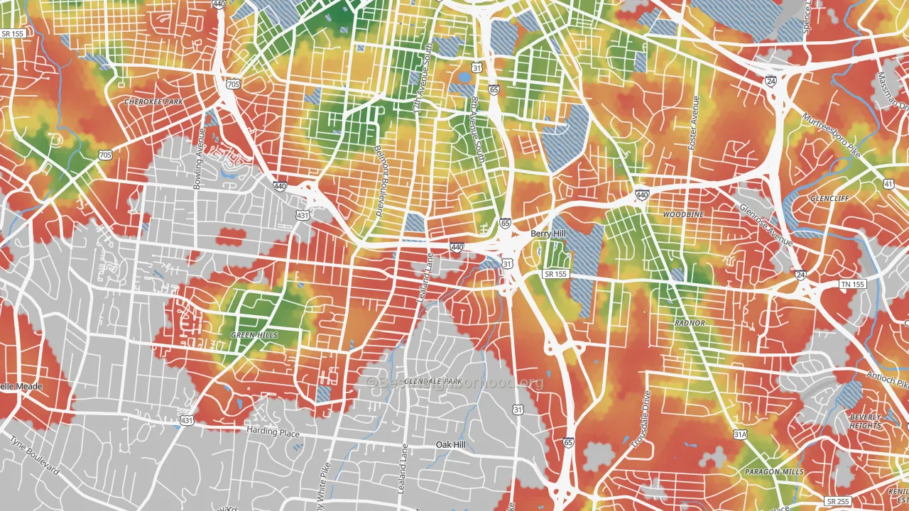 Walk Grade map of 37204, TN, walkable areas in green and car-dependent areas in red