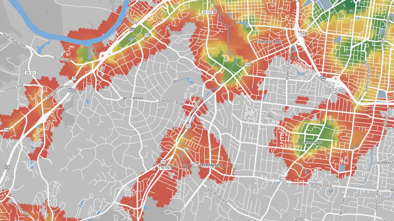 Walk Grade map of 37205, TN, walkable areas in green and car-dependent areas in red