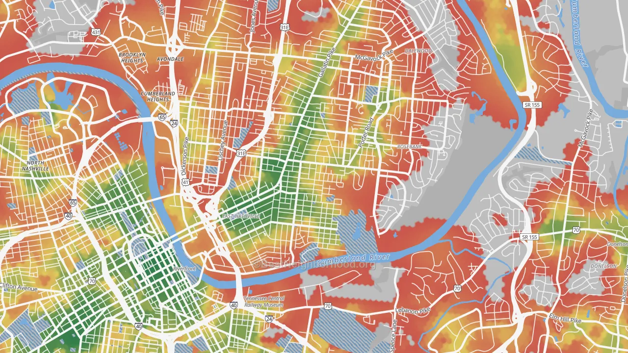 Walk Grade map of 37206, TN, walkable areas in green and car-dependent areas in red