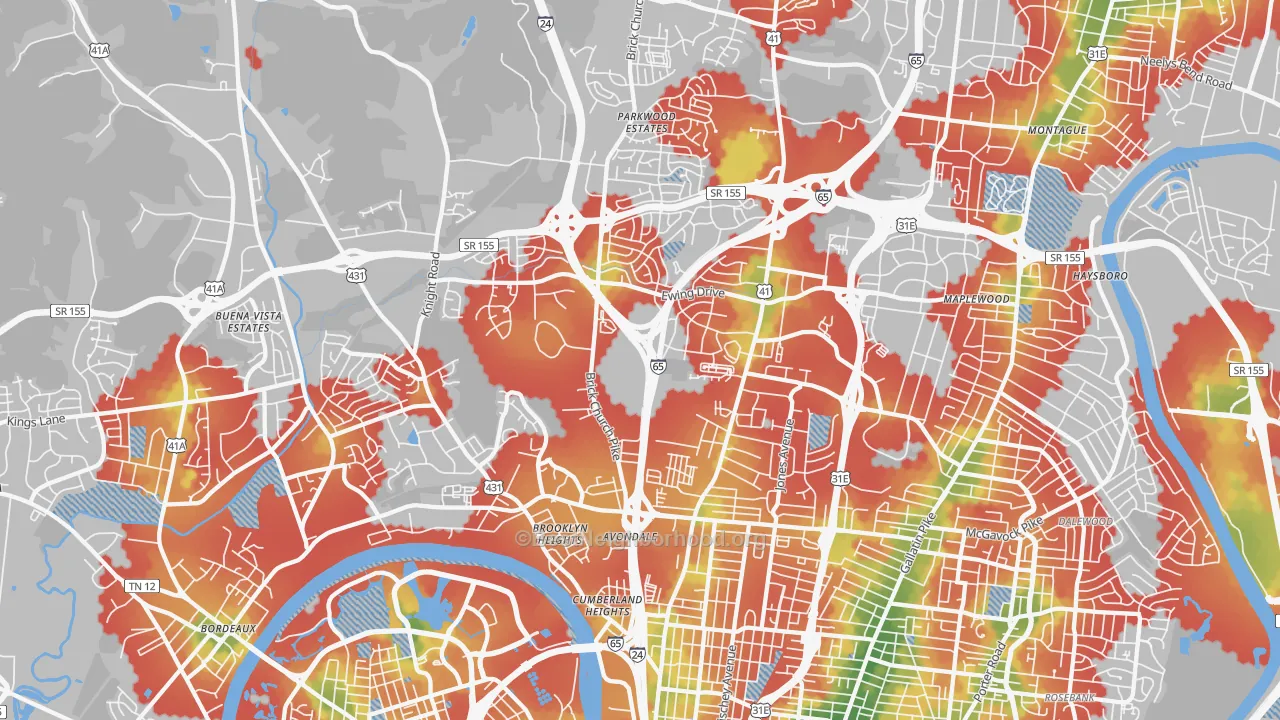 Walk Grade map of 37207, TN, walkable areas in green and car-dependent areas in red