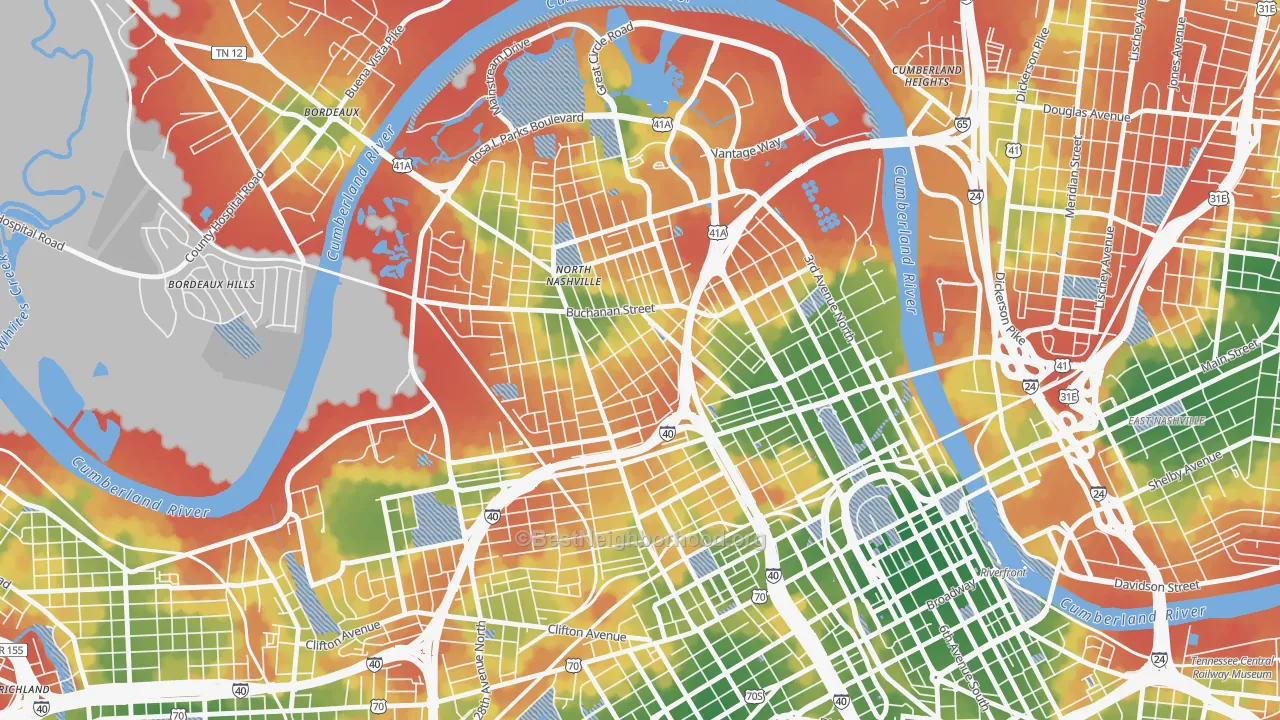 Walk Grade map of 37208, TN, walkable areas in green and car-dependent areas in red
