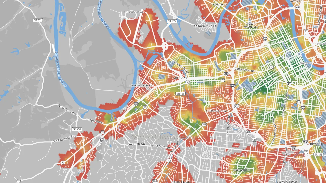 Walk Grade map of 37209, TN, walkable areas in green and car-dependent areas in red