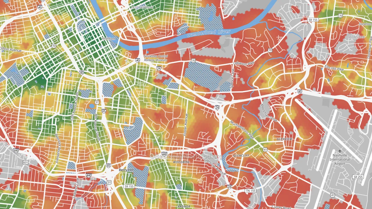 Walk Grade map of 37210, TN, walkable areas in green and car-dependent areas in red
