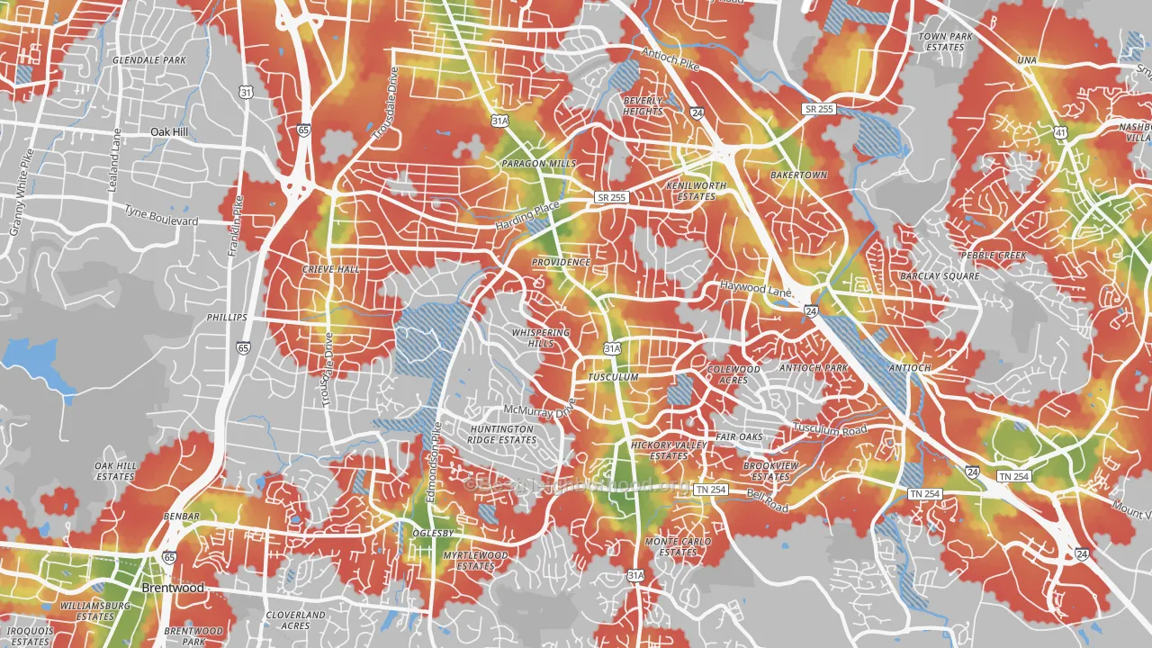 Walk Grade map of 37211, TN, walkable areas in green and car-dependent areas in red
