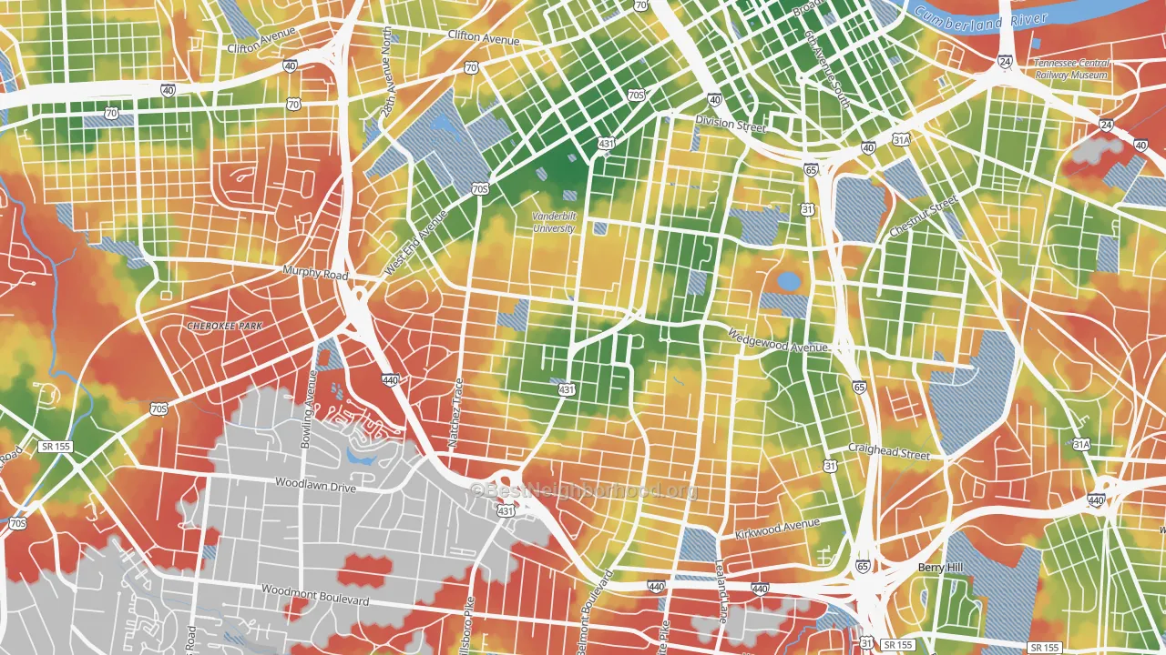 Walk Grade map of 37212, TN, walkable areas in green and car-dependent areas in red