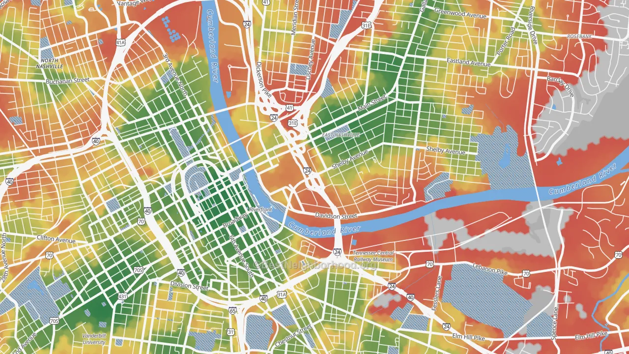 Walk Grade map of 37213, TN, walkable areas in green and car-dependent areas in red