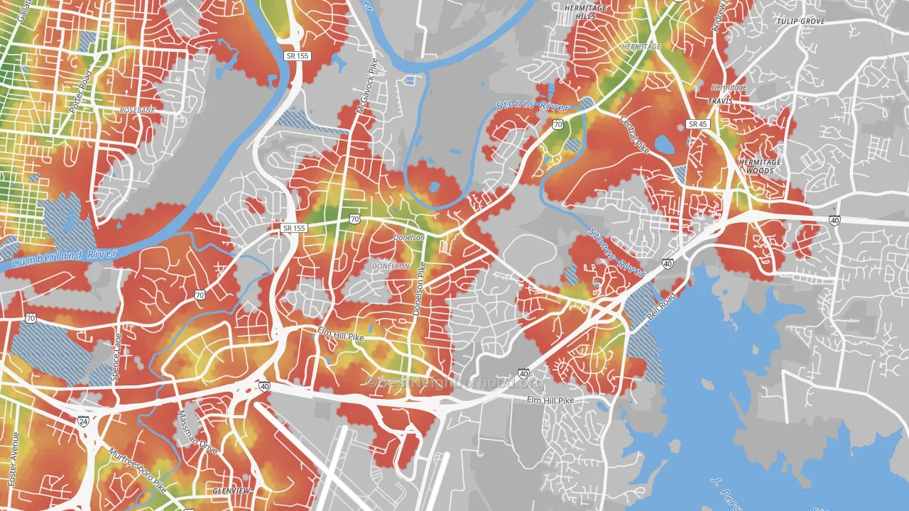 Walk Grade map of 37214, TN, walkable areas in green and car-dependent areas in red