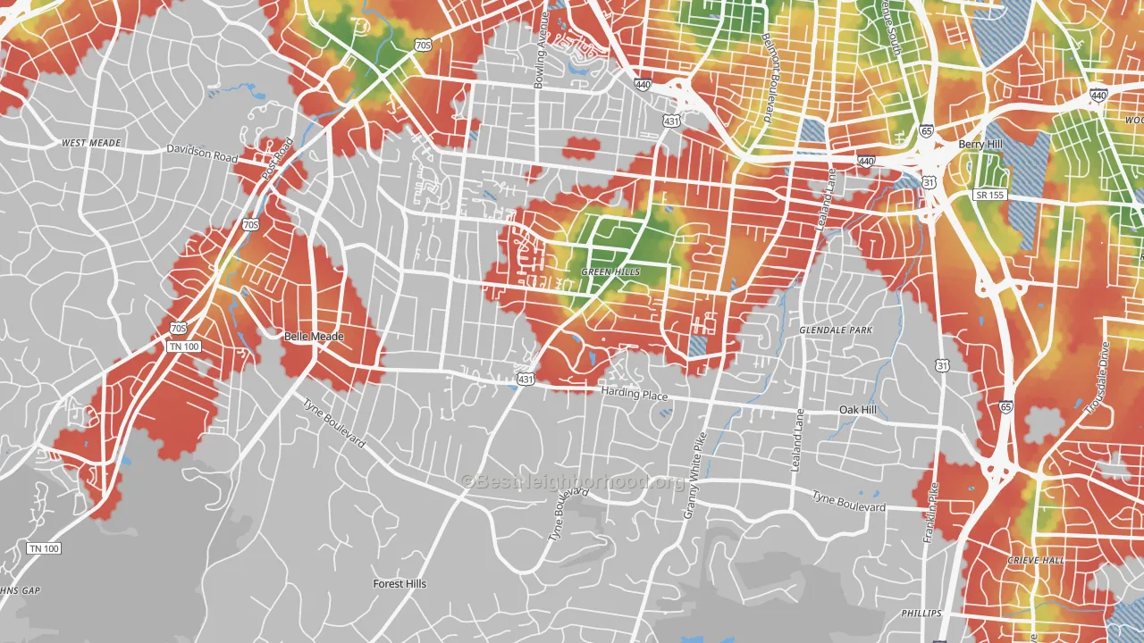 Walk Grade map of 37215, TN, walkable areas in green and car-dependent areas in red