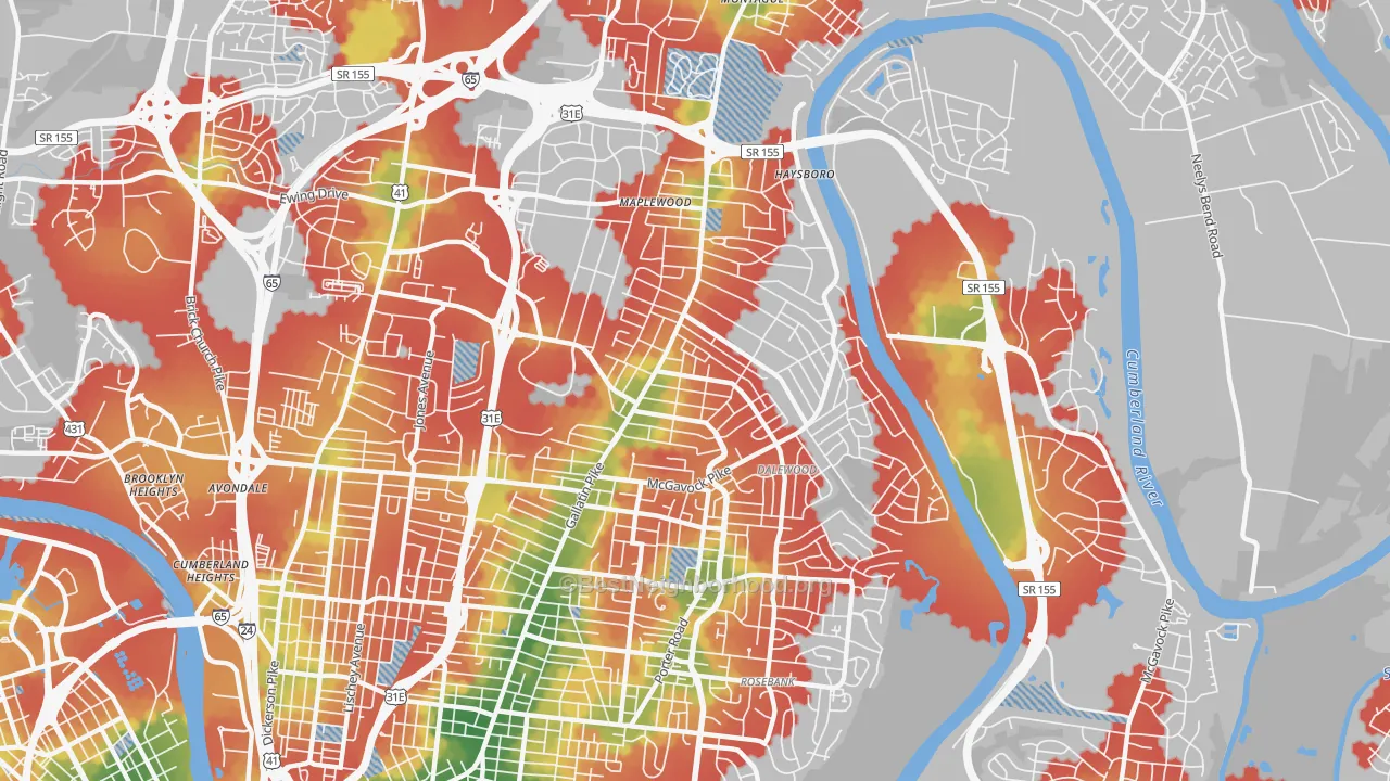 Walk Grade map of 37216, TN, walkable areas in green and car-dependent areas in red