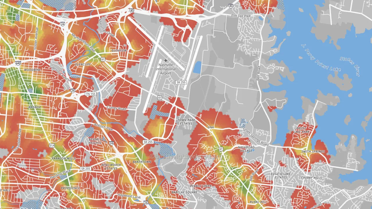 Walk Grade map of 37217, TN, walkable areas in green and car-dependent areas in red