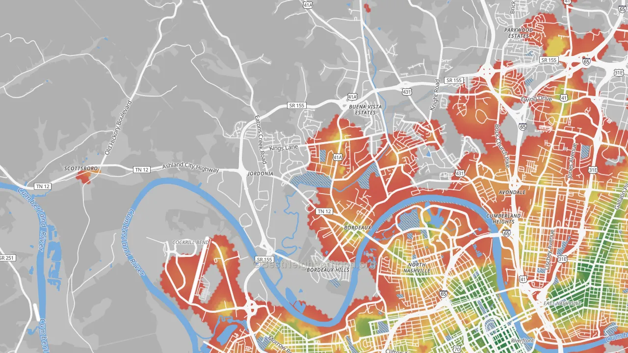 Walk Grade map of 37218, TN, walkable areas in green and car-dependent areas in red