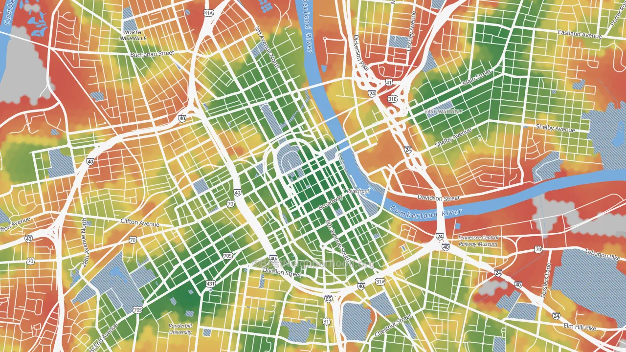Walk Grade map of 37219, TN, walkable areas in green and car-dependent areas in red