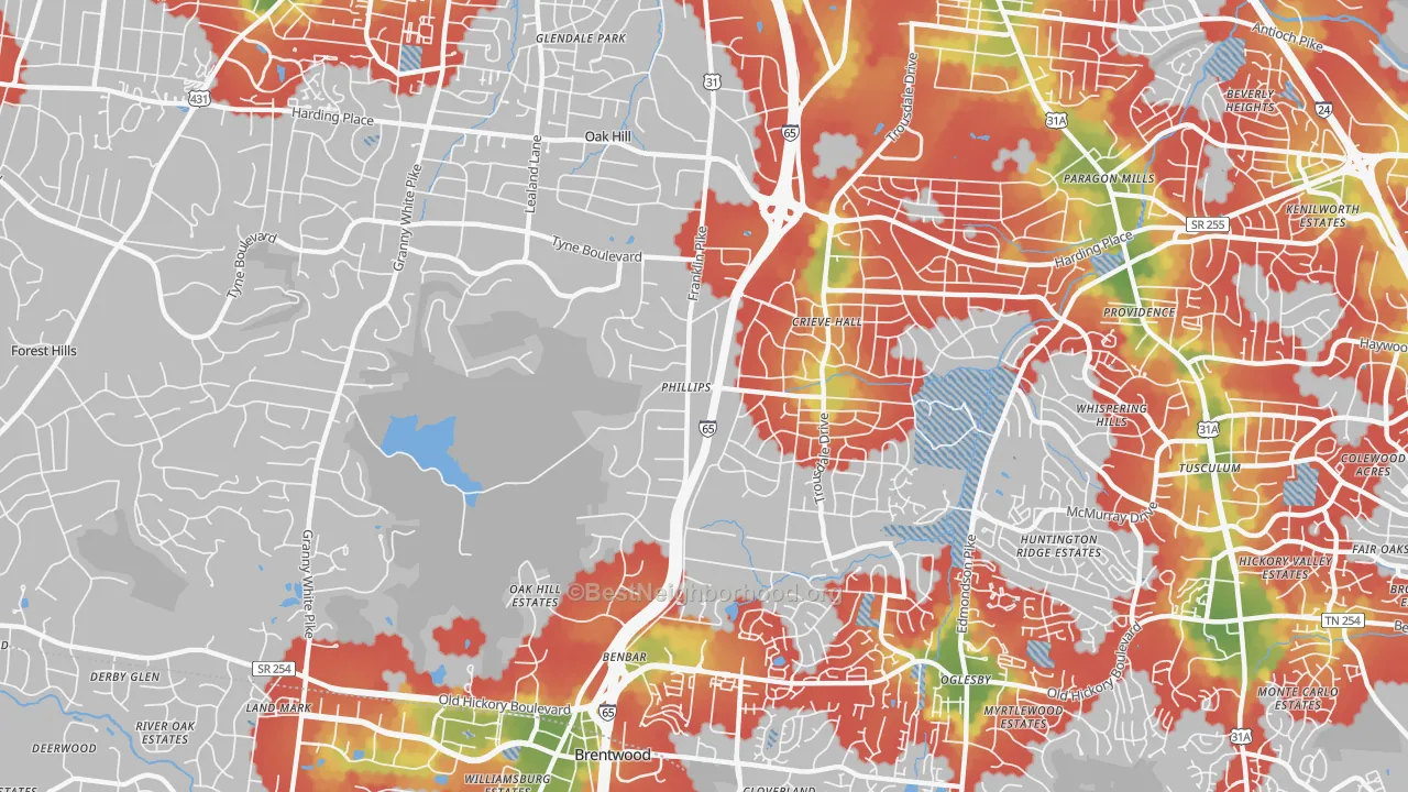 Walk Grade map of 37220, TN, walkable areas in green and car-dependent areas in red