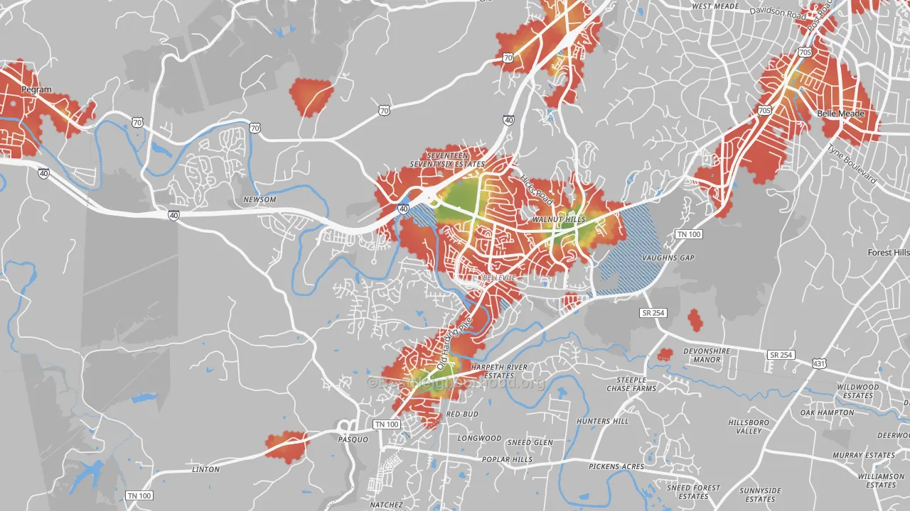 Walk Grade map of 37221, TN, walkable areas in green and car-dependent areas in red