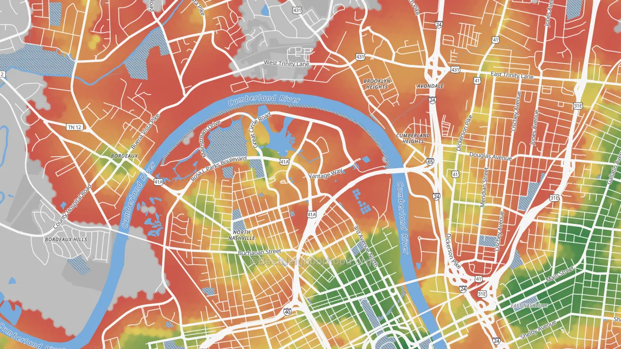 Walk Grade map of 37228, TN, walkable areas in green and car-dependent areas in red