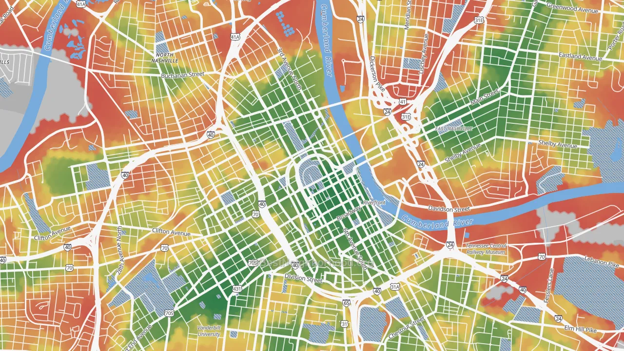 Walk Grade map of 37243, TN, walkable areas in green and car-dependent areas in red
