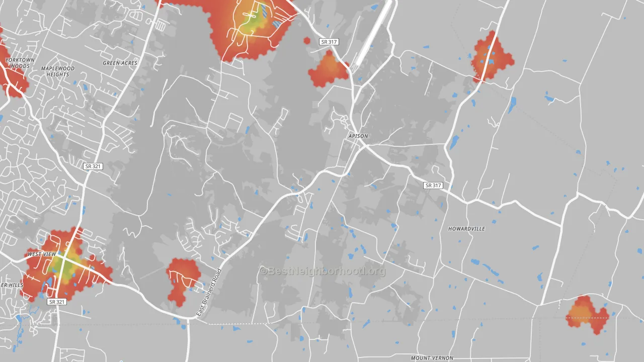 Walk Grade map of 37302, TN, walkable areas in green and car-dependent areas in red