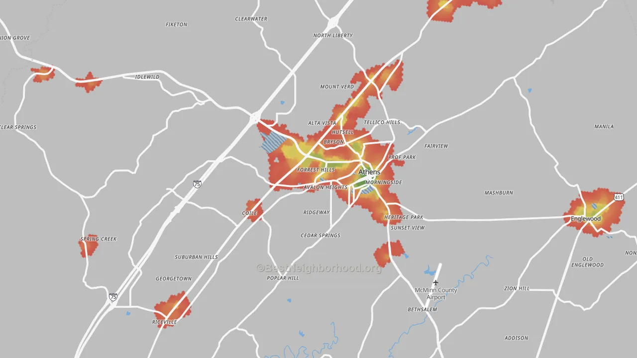 Walk Grade map of 37303, TN, walkable areas in green and car-dependent areas in red