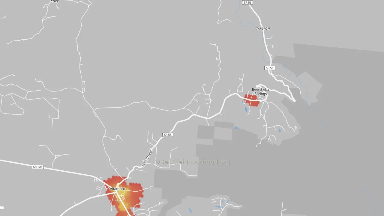 Walk Grade map of 37305, TN, walkable areas in green and car-dependent areas in red