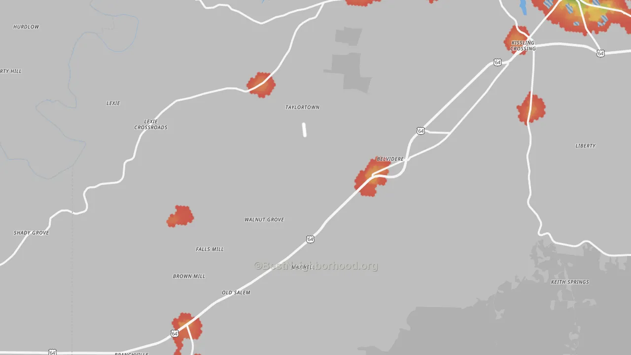 Walk Grade map of 37306, TN, walkable areas in green and car-dependent areas in red