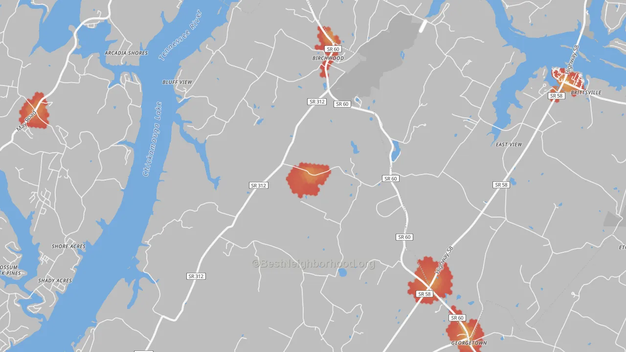 Walk Grade map of 37308, TN, walkable areas in green and car-dependent areas in red