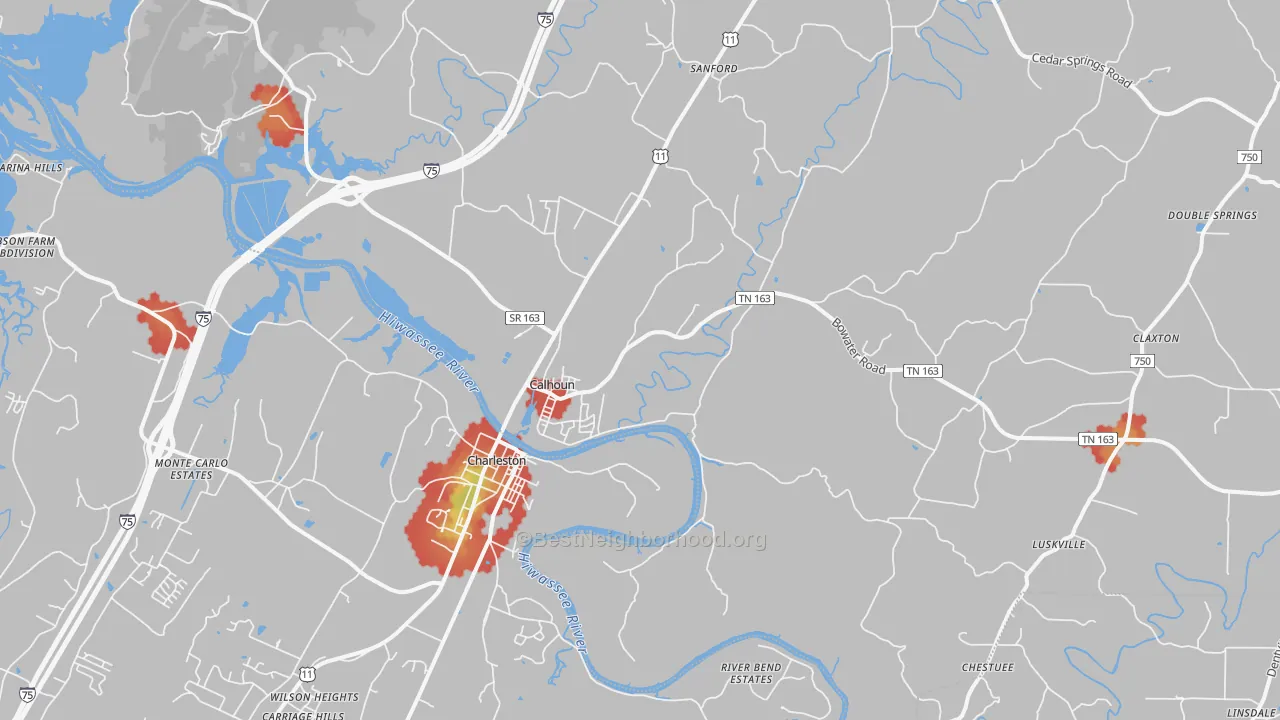 Walk Grade map of 37309, TN, walkable areas in green and car-dependent areas in red