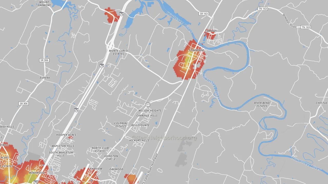 Walk Grade map of 37310, TN, walkable areas in green and car-dependent areas in red