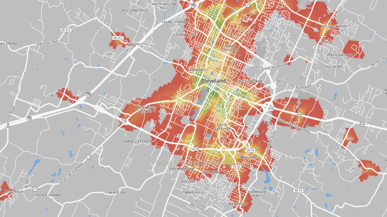 Walk Grade map of 37311, TN, walkable areas in green and car-dependent areas in red