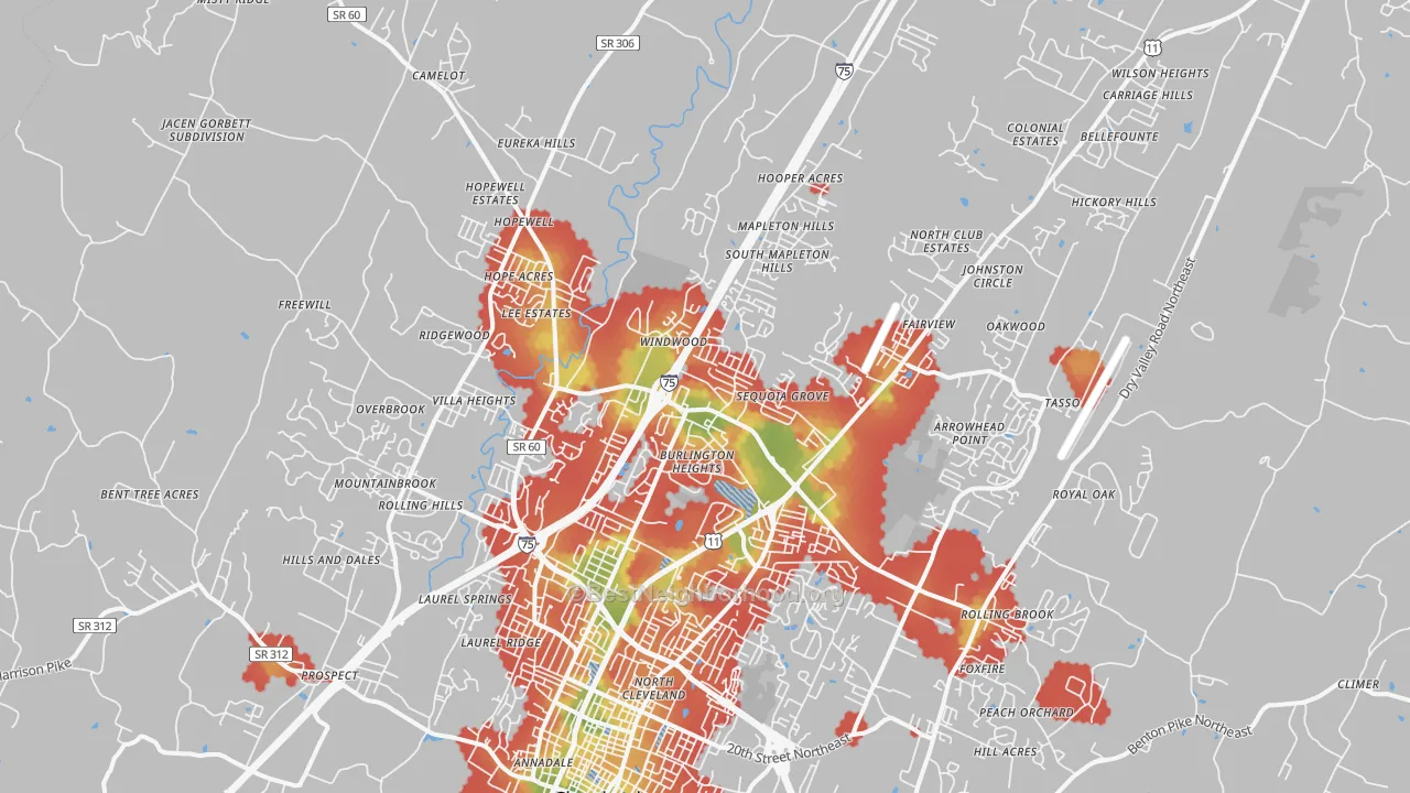 Walk Grade map of 37312, TN, walkable areas in green and car-dependent areas in red