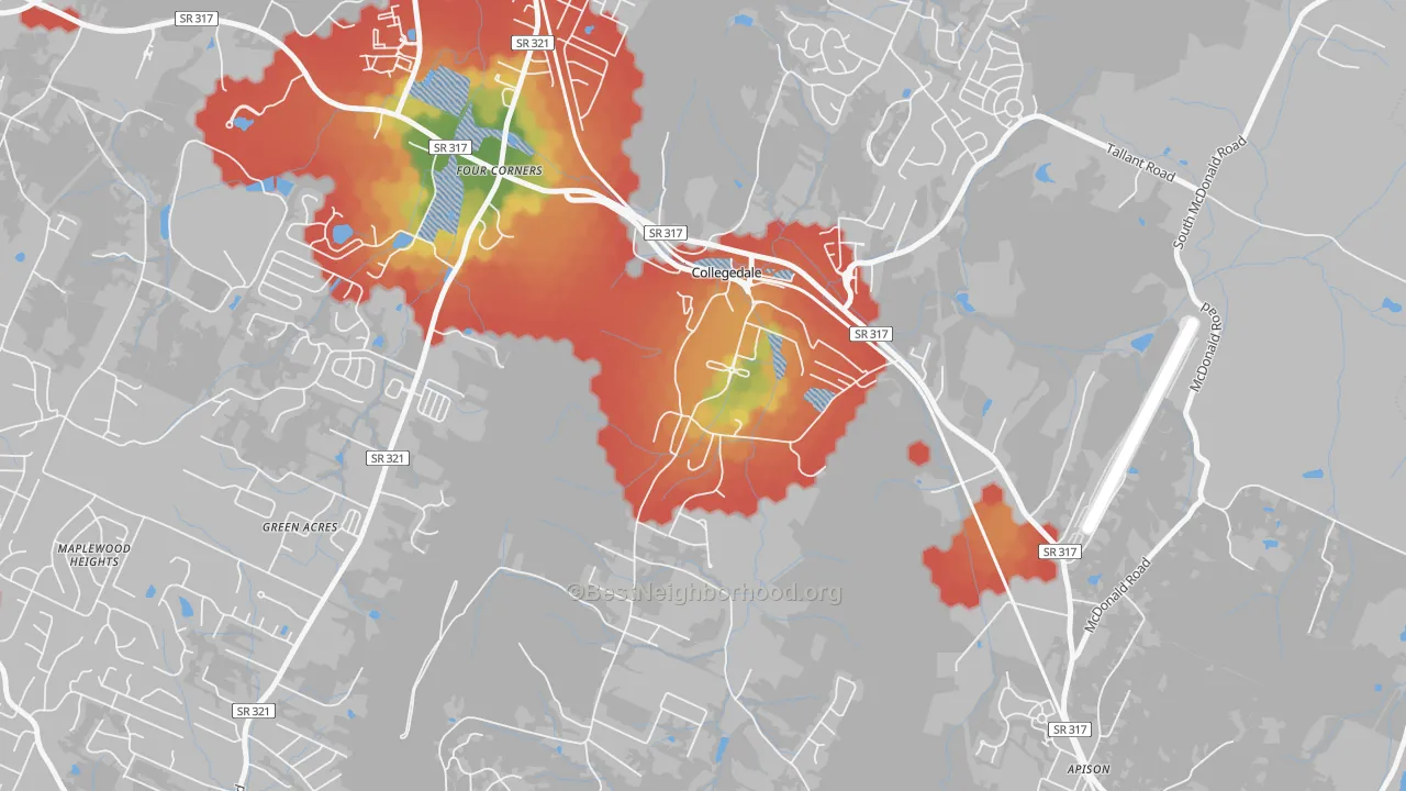 Walk Grade map of 37315, TN, walkable areas in green and car-dependent areas in red