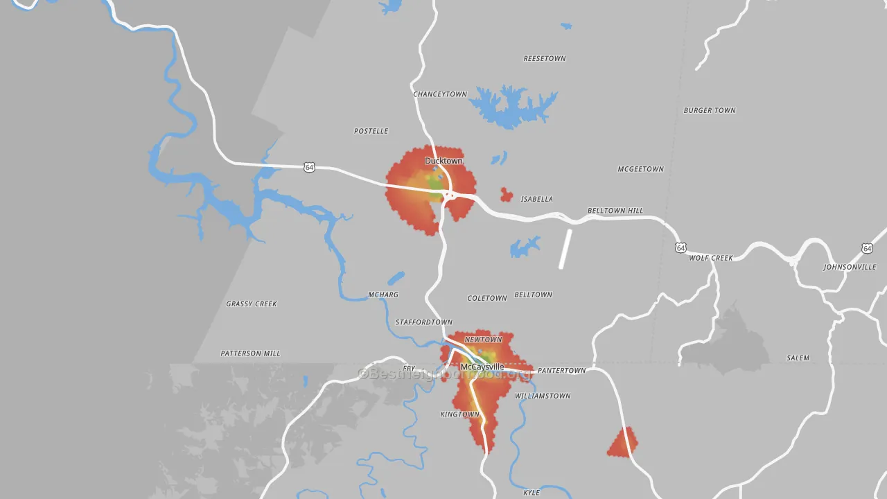 Walk Grade map of 37317, TN, walkable areas in green and car-dependent areas in red