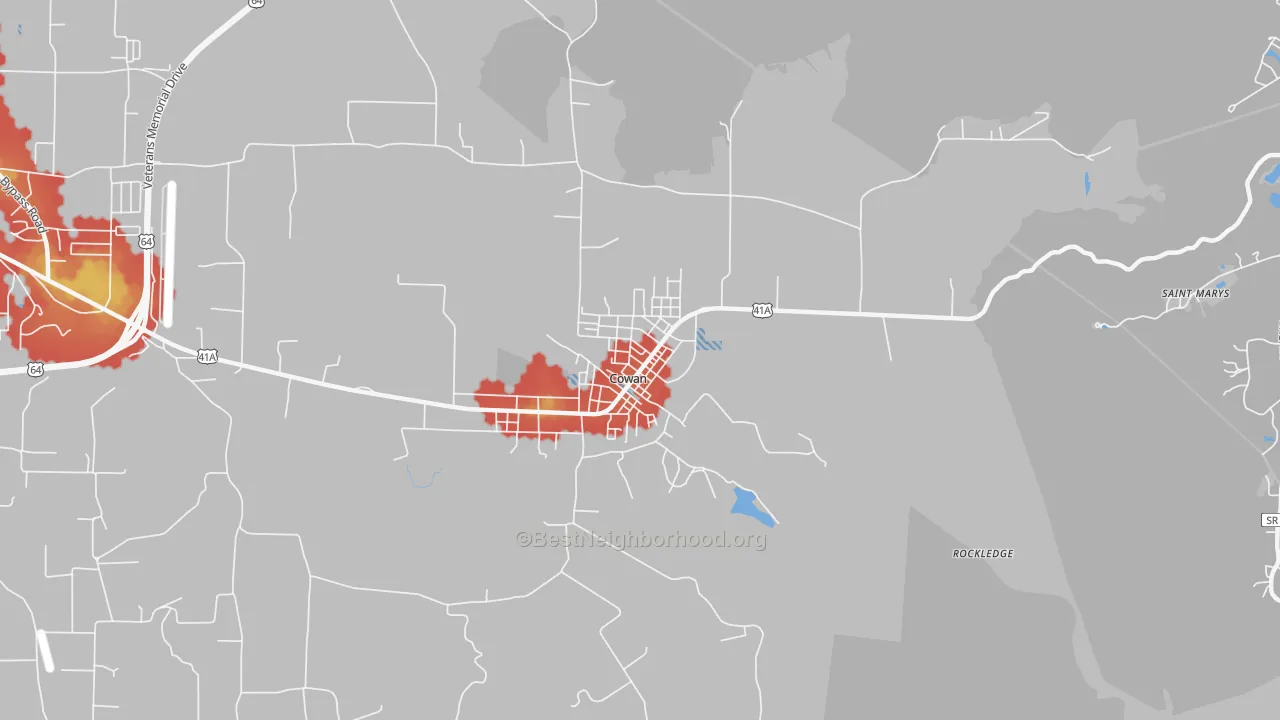 Walk Grade map of 37318, TN, walkable areas in green and car-dependent areas in red