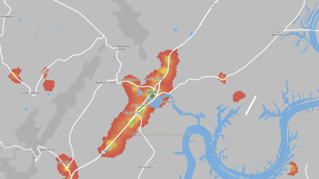 Walk Grade map of 37321, TN, walkable areas in green and car-dependent areas in red