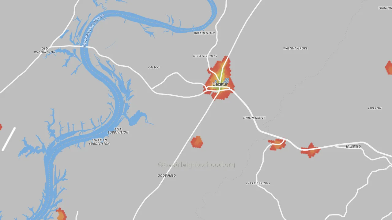 Walk Grade map of 37322, TN, walkable areas in green and car-dependent areas in red