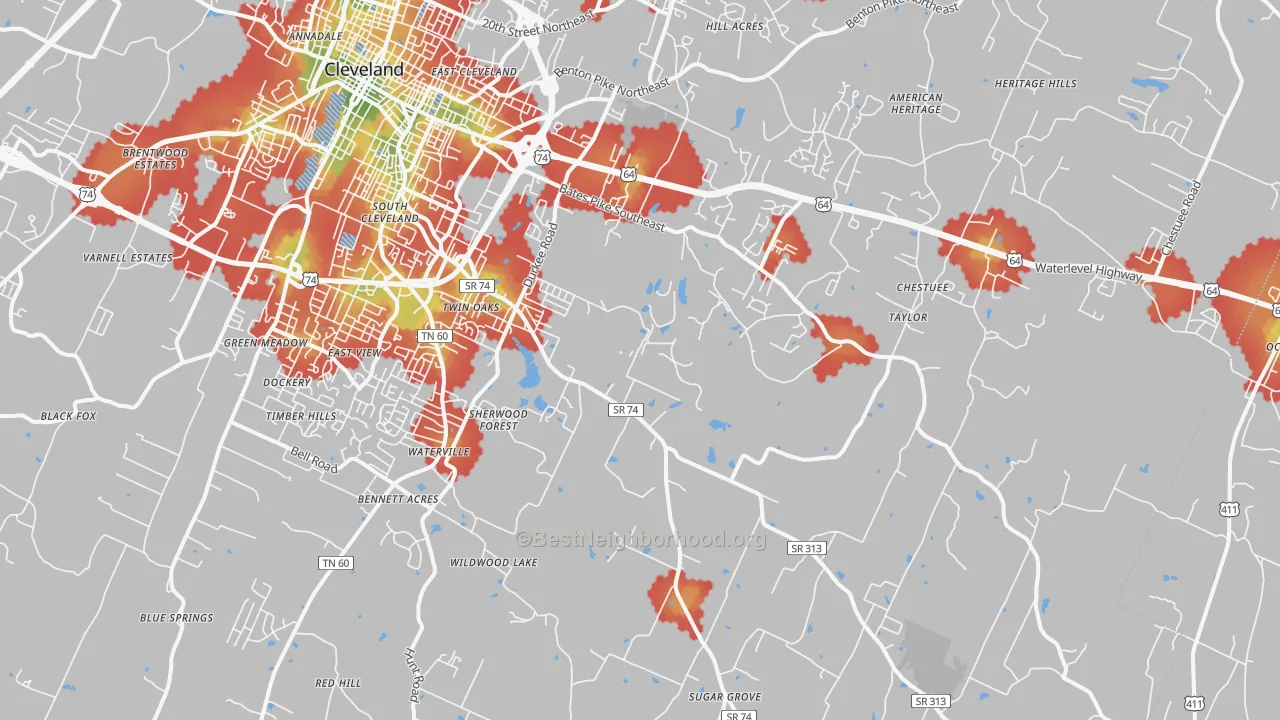 Walk Grade map of 37323, TN, walkable areas in green and car-dependent areas in red