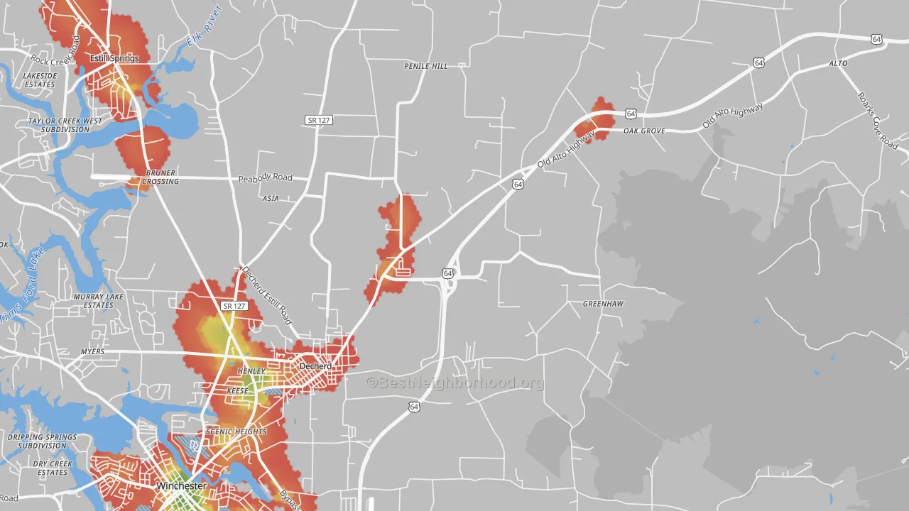 Walk Grade map of 37324, TN, walkable areas in green and car-dependent areas in red