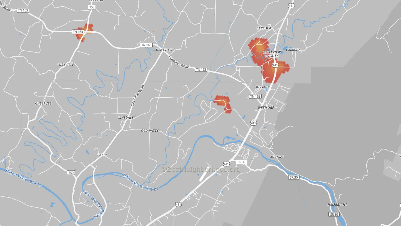 Walk Grade map of 37325, TN, walkable areas in green and car-dependent areas in red