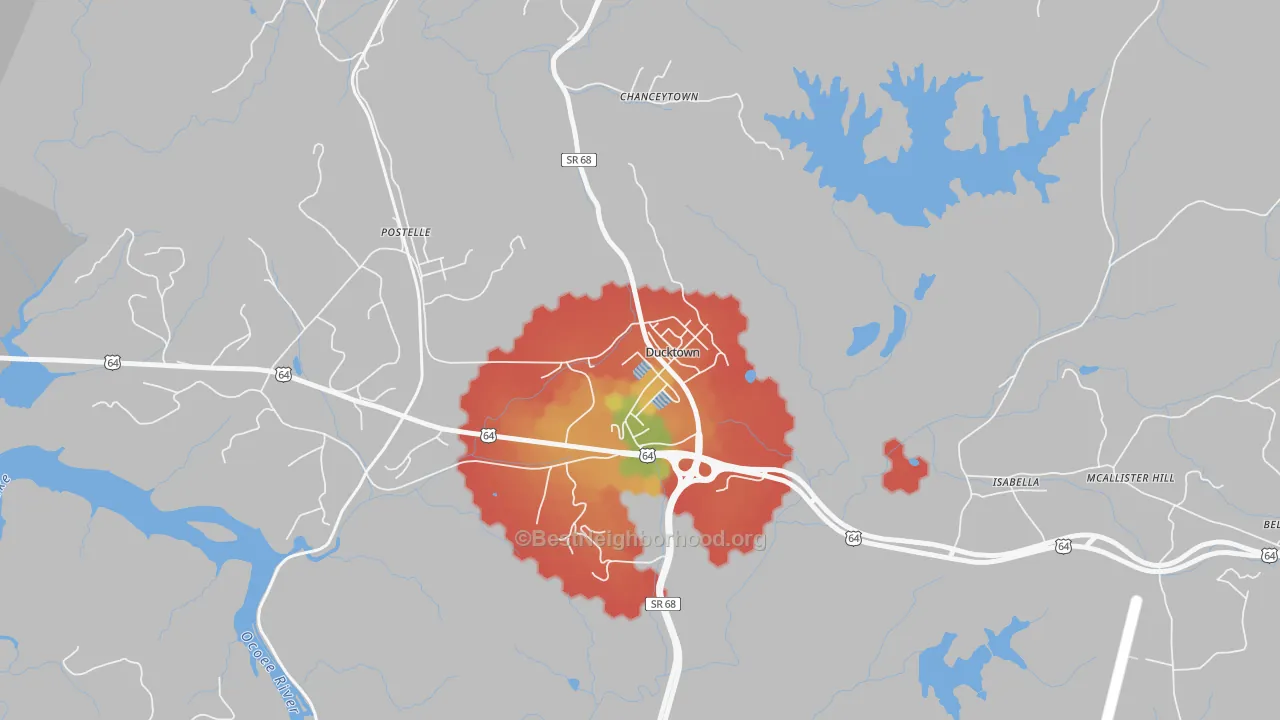 Walk Grade map of 37326, TN, walkable areas in green and car-dependent areas in red