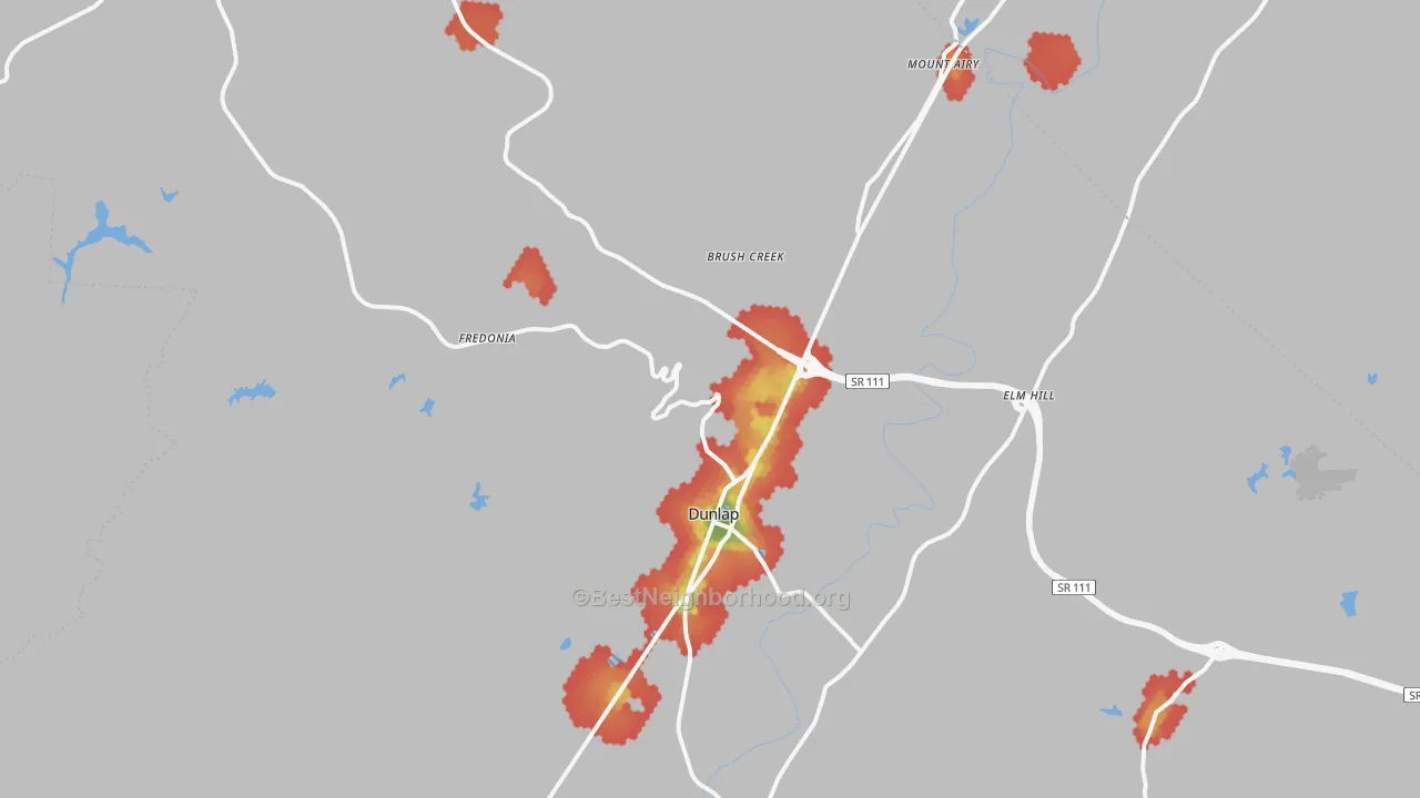 Walk Grade map of 37327, TN, walkable areas in green and car-dependent areas in red