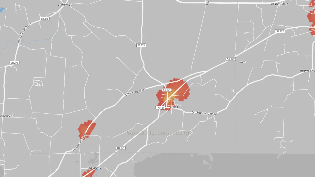 Walk Grade map of 37328, TN, walkable areas in green and car-dependent areas in red
