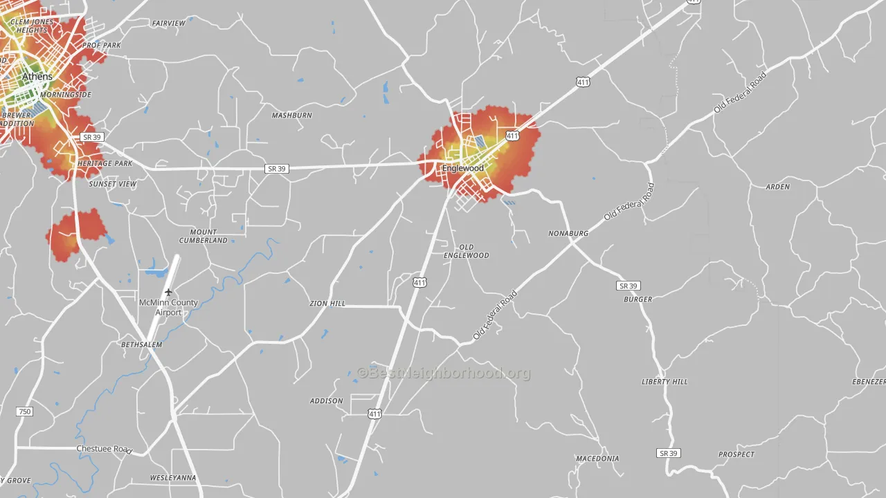 Walk Grade map of 37329, TN, walkable areas in green and car-dependent areas in red