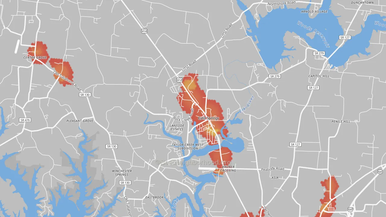Walk Grade map of 37330, TN, walkable areas in green and car-dependent areas in red