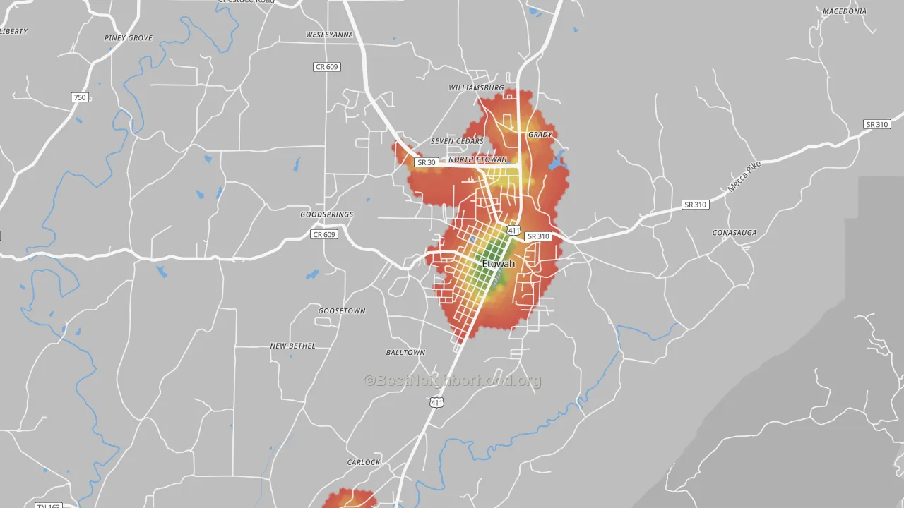 Walk Grade map of 37331, TN, walkable areas in green and car-dependent areas in red