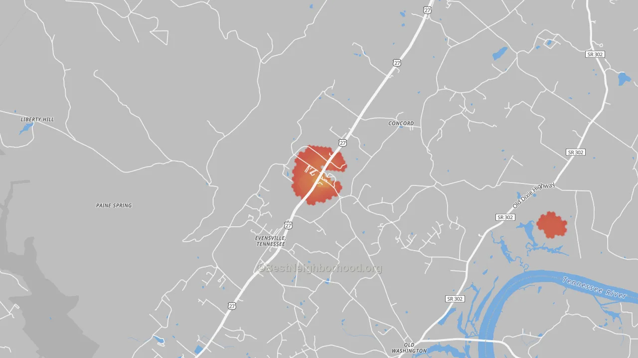 Walk Grade map of 37332, TN, walkable areas in green and car-dependent areas in red