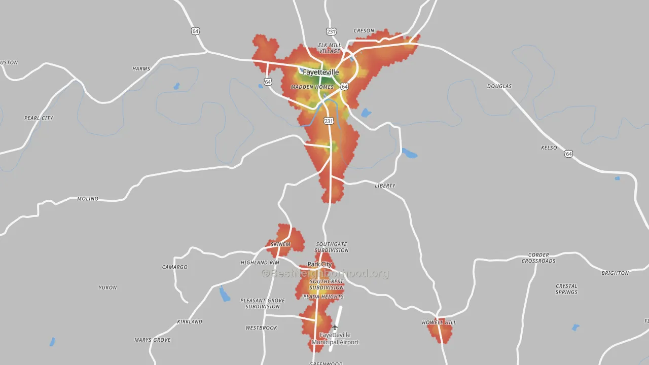 Walk Grade map of 37334, TN, walkable areas in green and car-dependent areas in red