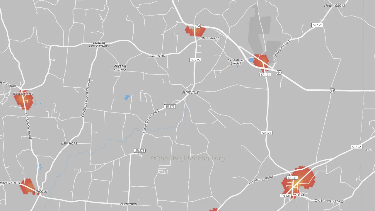 Walk Grade map of 37335, TN, walkable areas in green and car-dependent areas in red